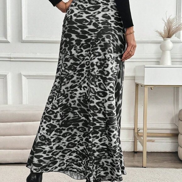 Multicolor Elegant Women's High Waist Leopard Print Maxi Length Skirt - Picture 3 of 6